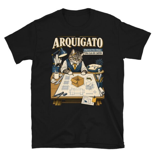 Camiseta gatos Arquigato en color negro, vista plana