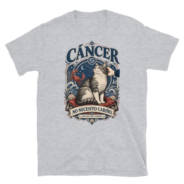 Camiseta gatos Cáncer en color gris deportivo, vista plana