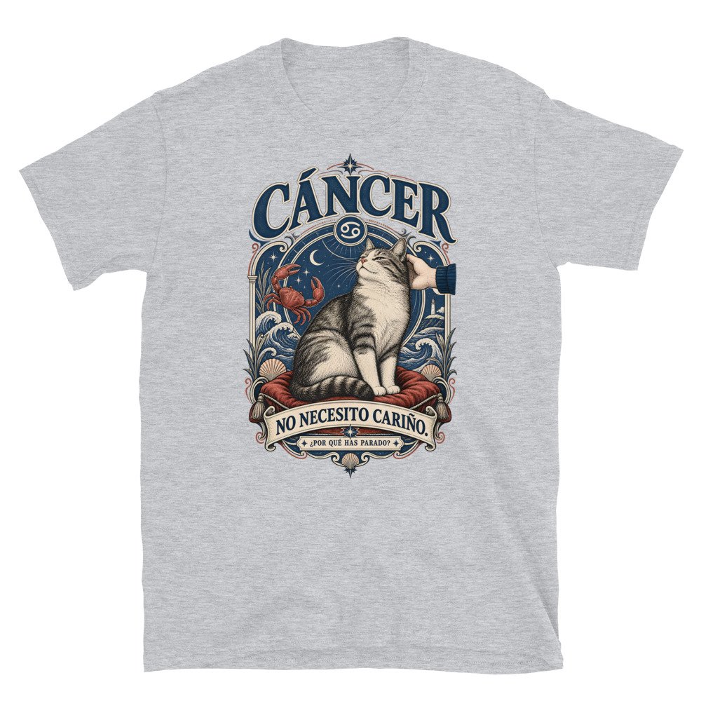 Camiseta gatos Cáncer en color gris deportivo, vista plana