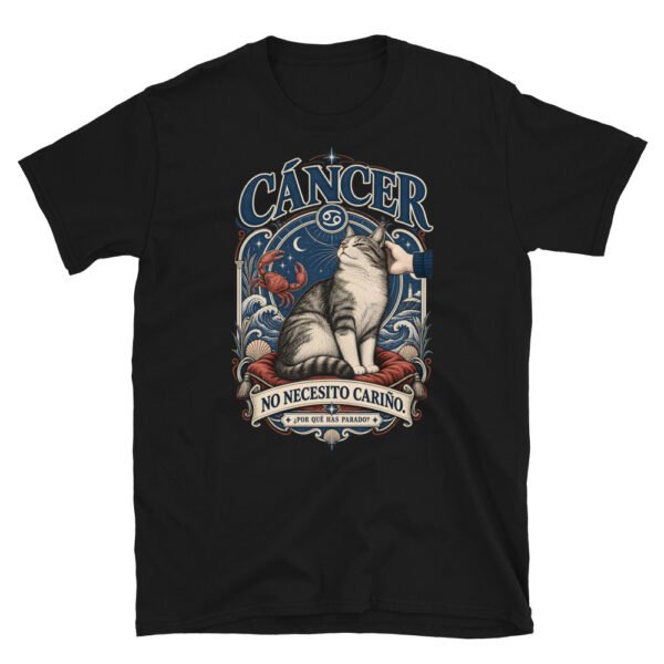 Camiseta gatos Cáncer en color negro, vista plana