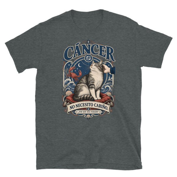 Camiseta gatos Cáncer en color oscuro jaspeado, vista plana