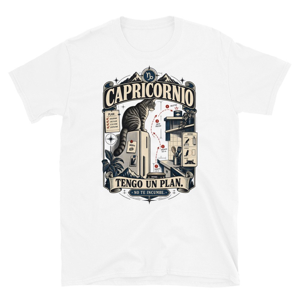 Camiseta gatos Capricornio en color blanco, vista plana