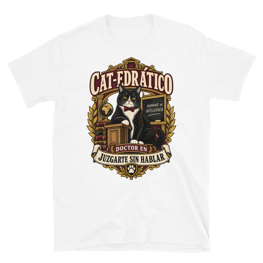Camiseta gatos Cat-edrático en color blanco, vista plana