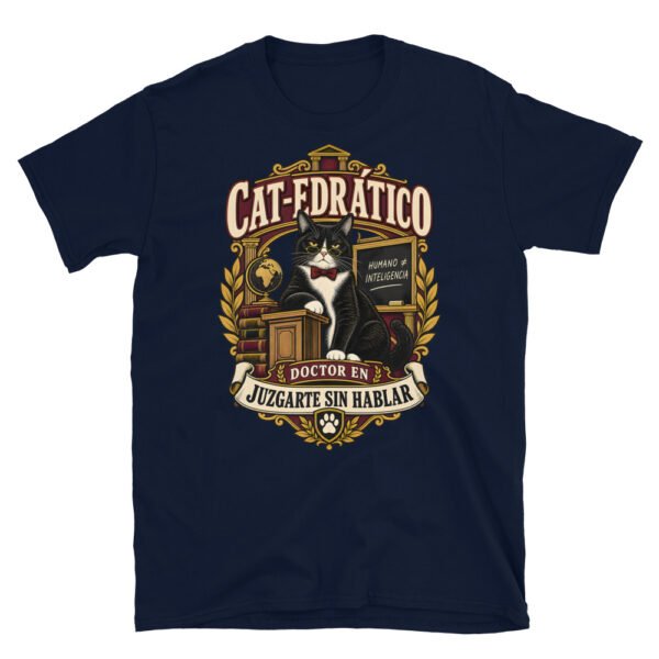 Camiseta gatos Cat-edrático en color marino, vista plana