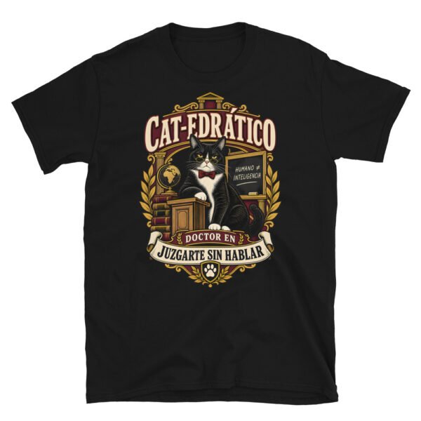 Camiseta gatos Cat-edrático en color negro, vista plana