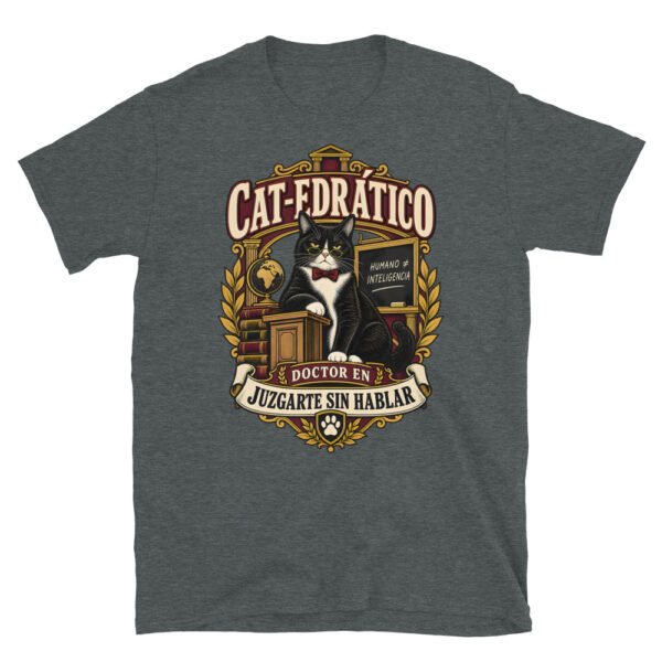 Camiseta gatos Cat-edrático en color oscuro jaspeado, vista plana