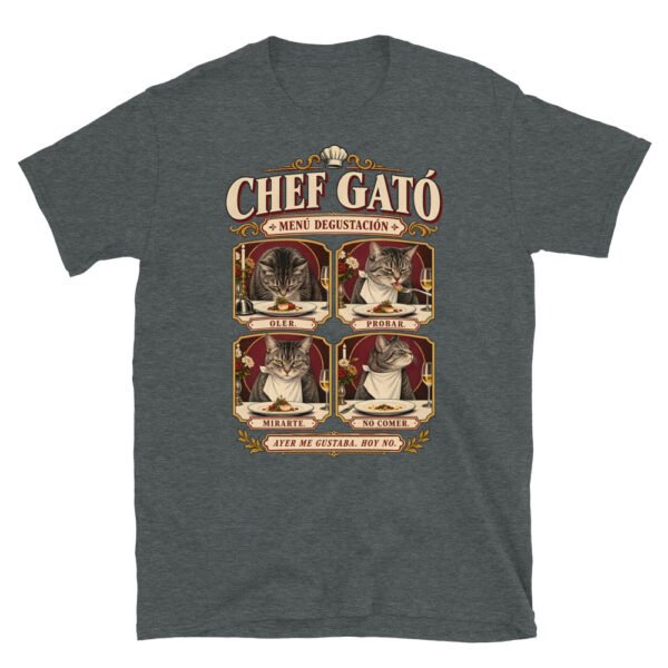 Camiseta gatos Chef Gató en color oscuro jaspeado, vista plana