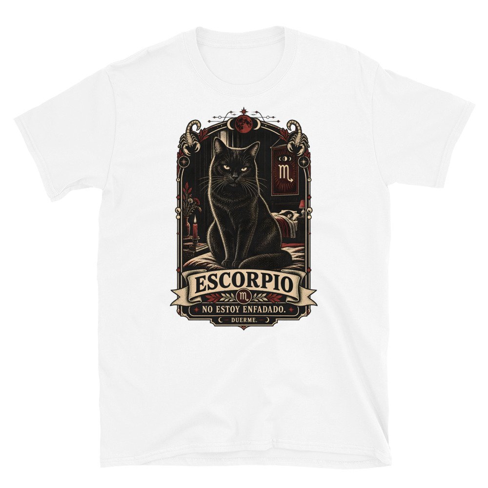 Camiseta gatos Escorpio en color blanco, vista plana
