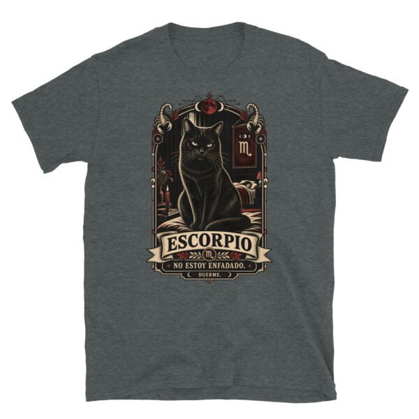 Camiseta gatos Escorpio en color oscuro jaspeado, vista plana