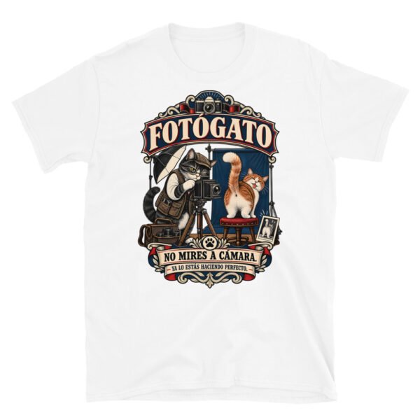 Camiseta gatos Fotógato en color blanco, vista plana