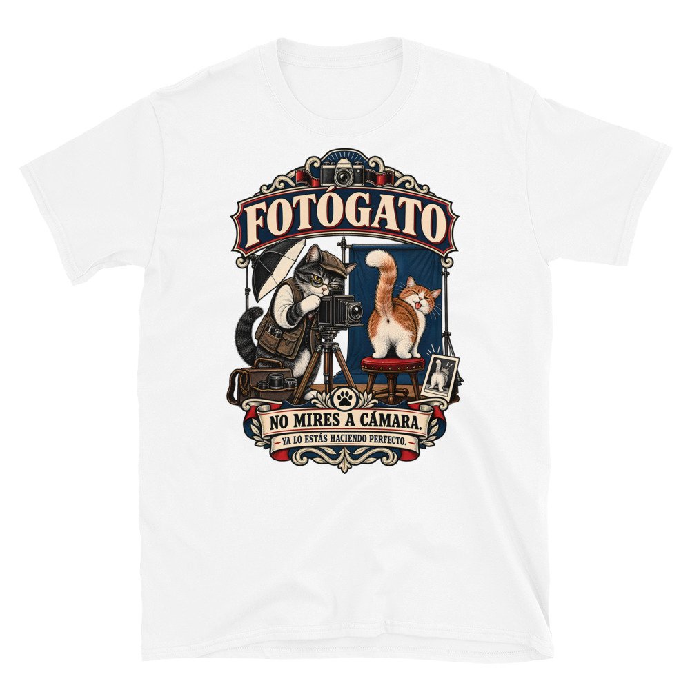 Camiseta gatos Fotógato en color blanco, vista plana