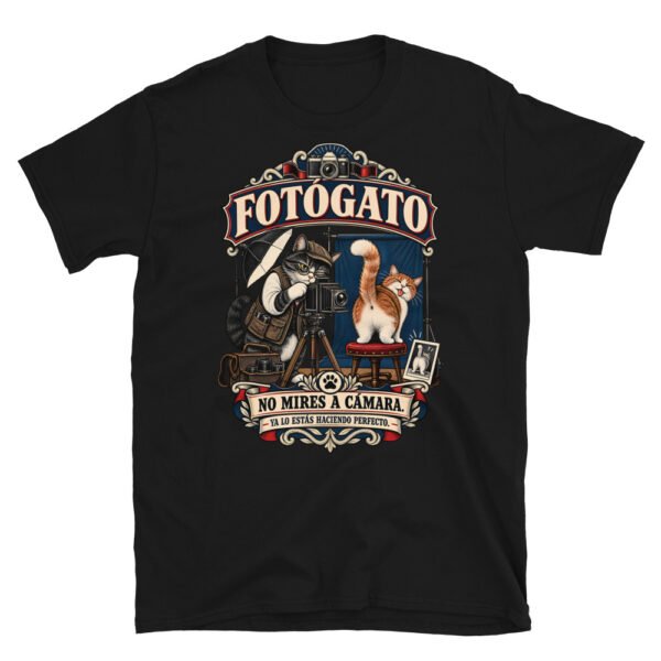 Camiseta gatos Fotógato en color negro, vista plana