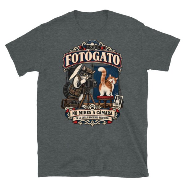 Camiseta gatos Fotógato en color oscuro jaspeado, vista plana