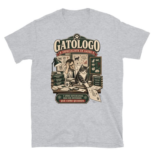 Camiseta gatos Gatólogo en color gris deportivo, vista plana
