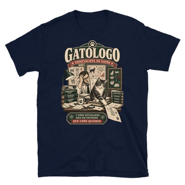 Camiseta gatos Gatólogo en color marino, vista plana
