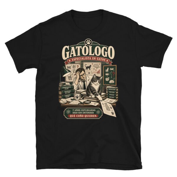 Camiseta gatos Gatólogo en color negro, vista plana