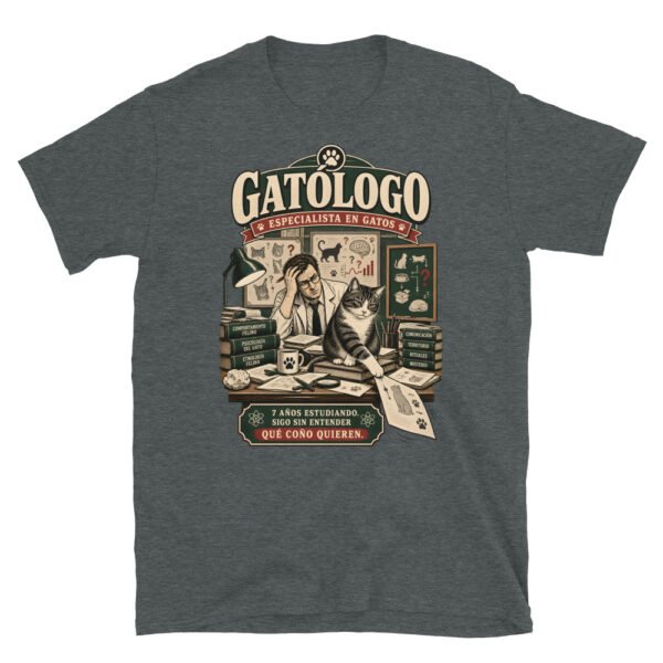 Camiseta gatos Gatólogo en color oscuro jaspeado, vista plana