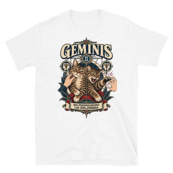Camiseta gatos Géminis en color blanco, vista plana