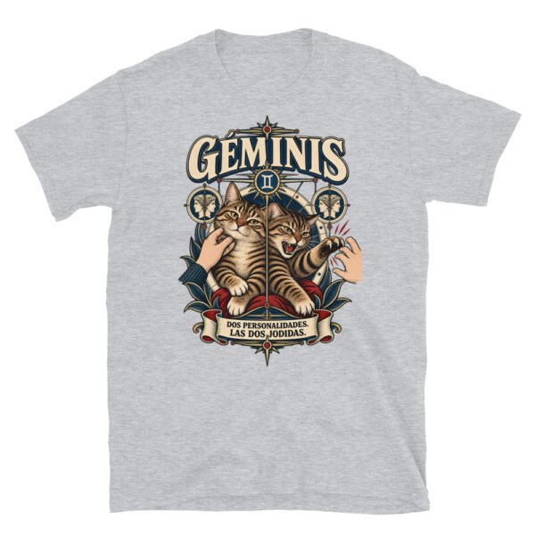 Camiseta gatos Géminis en color gris deportivo, vista plana