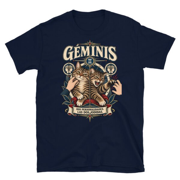 Camiseta gatos Géminis en color marino, vista plana