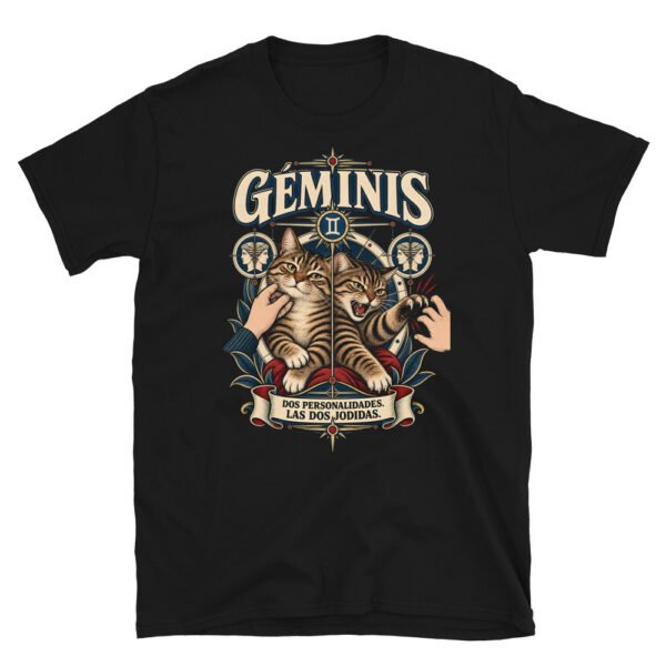 Camiseta gatos Géminis en color negro, vista plana