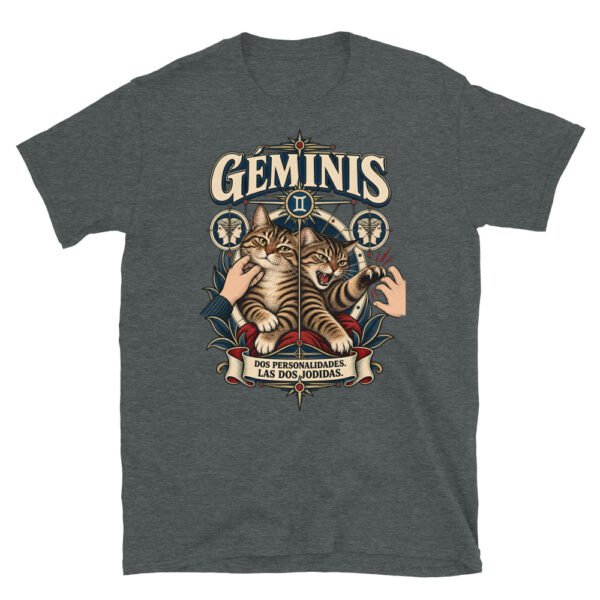 Camiseta gatos Géminis en color oscuro jaspeado, vista plana
