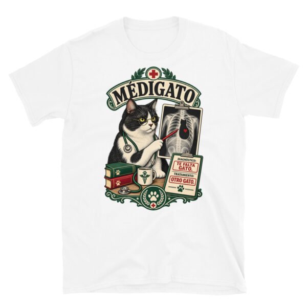 Camiseta gatos Médigato en color blanco, vista plana