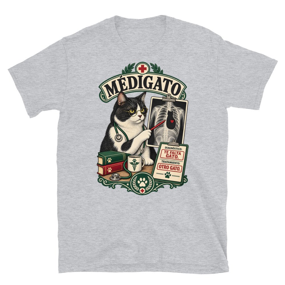 Camiseta gatos Médigato en color gris deportivo, vista plana