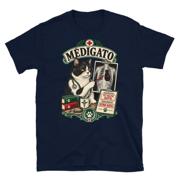 Camiseta gatos Médigato en color marino, vista plana
