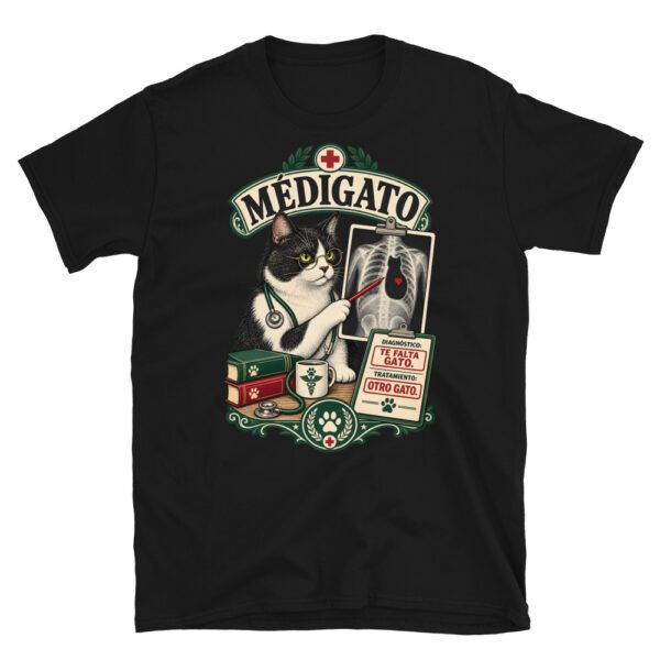 Camiseta gatos Médigato en color negro, vista plana