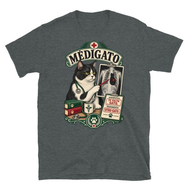 Camiseta gatos Médigato en color oscuro jaspeado, vista plana