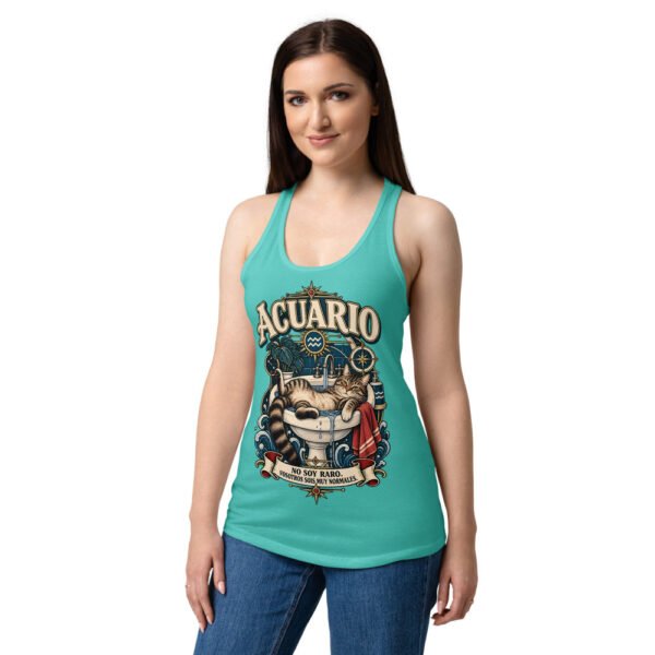 Camiseta de gatos para mujer Acuario en color azul tahití, sobre modelo