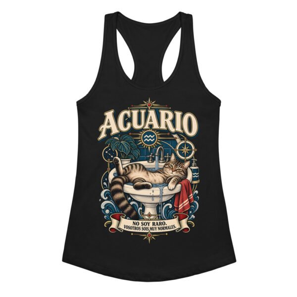 Camiseta de gatos para mujer Acuario en color negro, vista plana