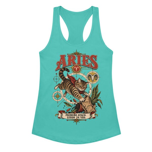 Camiseta de gatos para mujer Aries en color azul tahití, vista plana