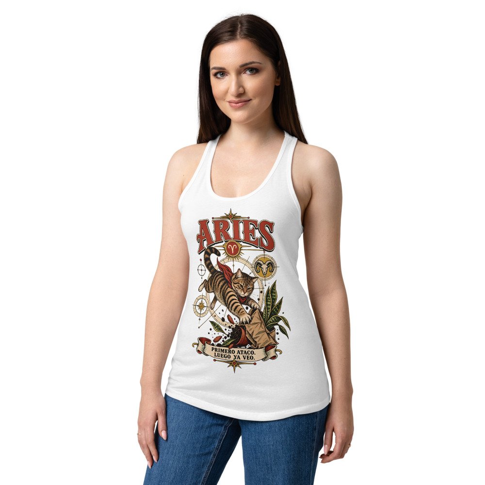 Camiseta de gatos para mujer Aries en color blanco, sobre modelo