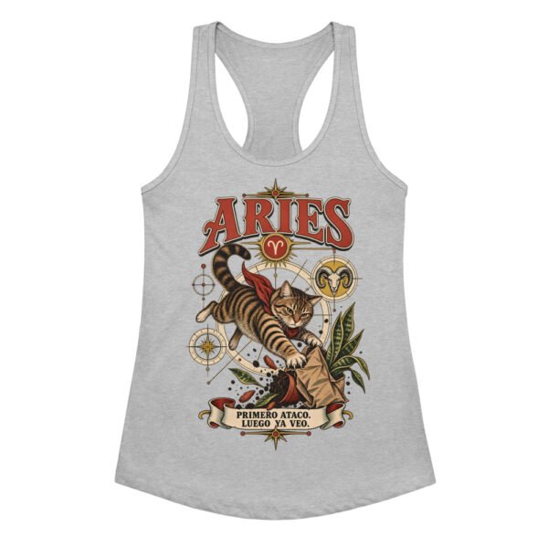 Camiseta de gatos para mujer Aries en color gris jaspeado, vista plana