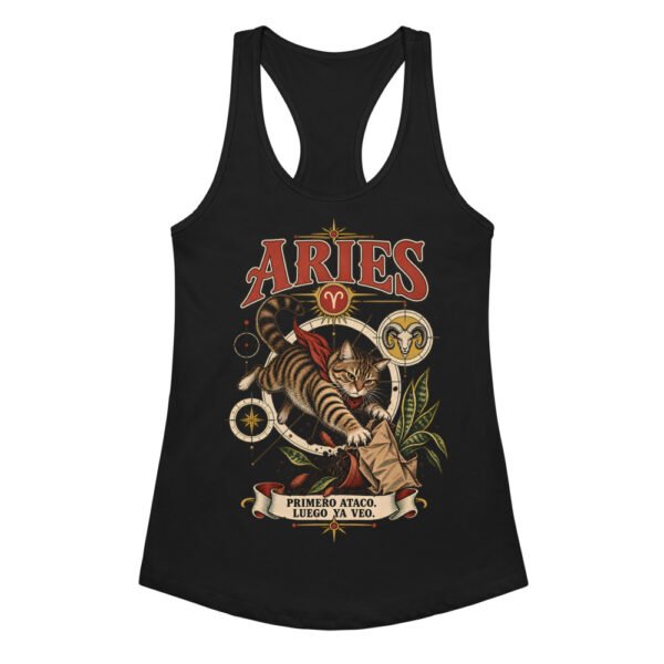Camiseta de gatos para mujer Aries en color negro, vista plana