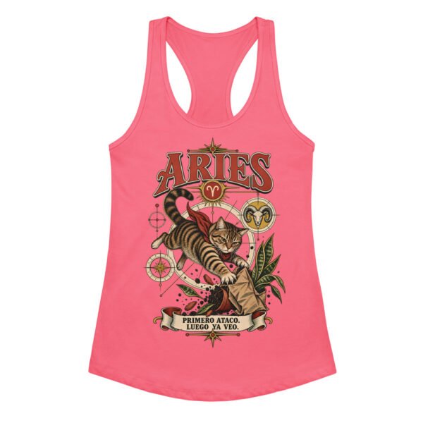 Camiseta de gatos para mujer Aries en color rosa eléctrico, vista plana