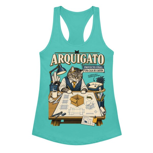 Camiseta de gatos para mujer Arquigato en color azul tahití, vista plana