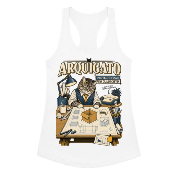 Camiseta de gatos para mujer Arquigato en color blanco, vista plana