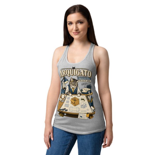 Camiseta de gatos para mujer Arquigato en color gris jaspeado, sobre modelo