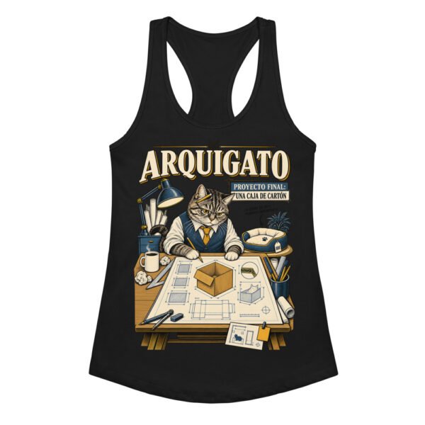 Camiseta de gatos para mujer Arquigato en color negro, vista plana