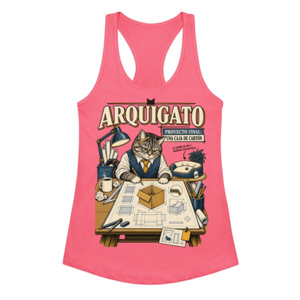 Camiseta de gatos para mujer Arquigato en color rosa eléctrico, vista plana