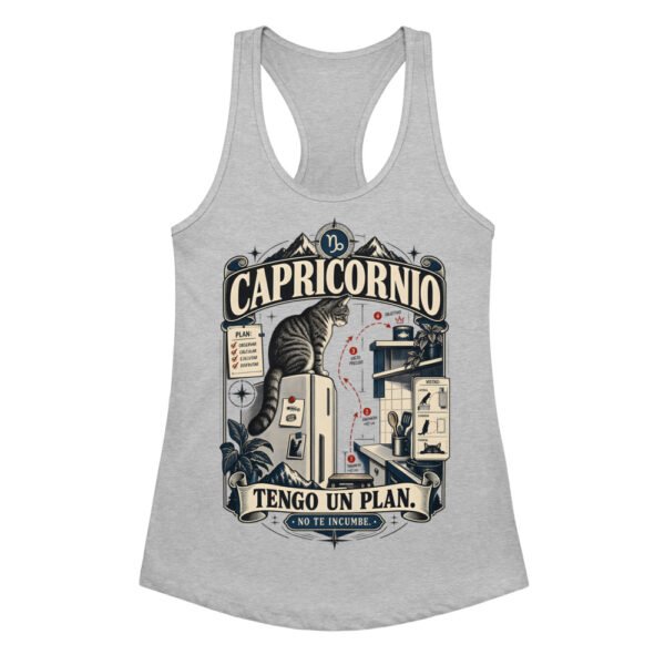 Camiseta de gatos para mujer Capricornio en color gris jaspeado, vista plana