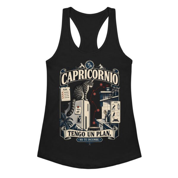 Camiseta de gatos para mujer Capricornio en color negro, vista plana