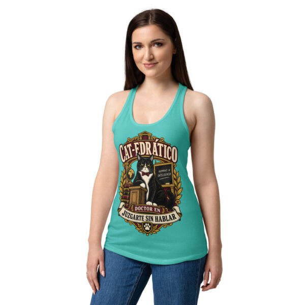 Camiseta de gatos para mujer Cat-edrático en color azul tahití, sobre modelo
