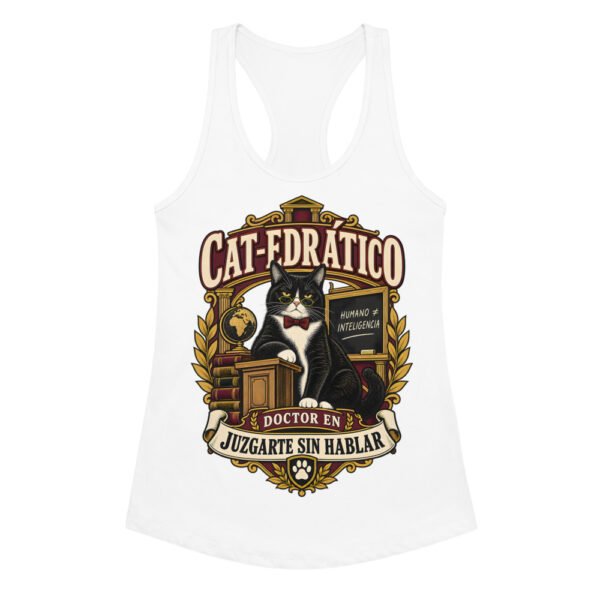 Camiseta de gatos para mujer Cat-edrático en color blanco, vista plana