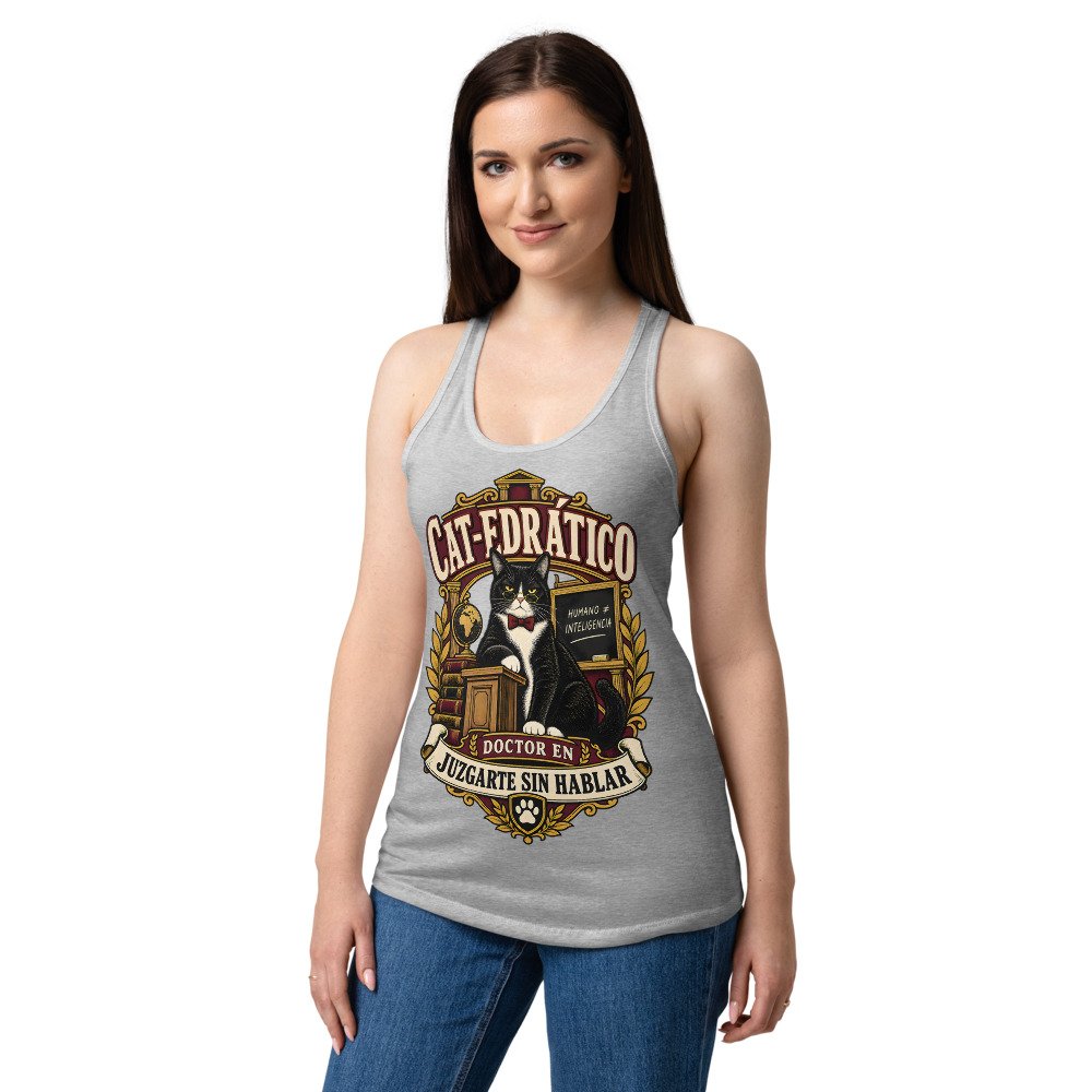 Camiseta de gatos para mujer Cat-edrático en color gris jaspeado, sobre modelo