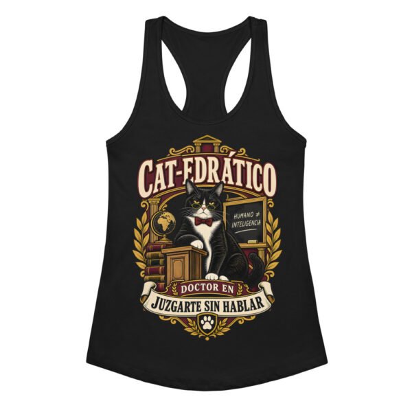 Camiseta de gatos para mujer Cat-edrático en color negro, vista plana