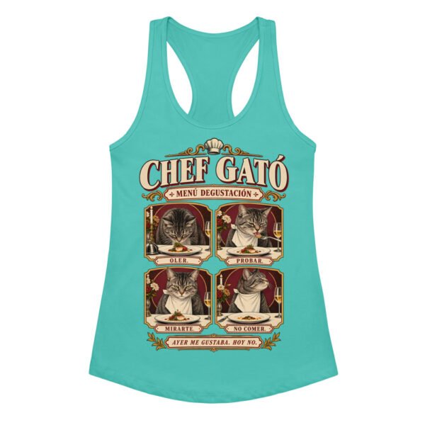 Camiseta de gatos para mujer Chef Gató en color azul tahití, vista plana